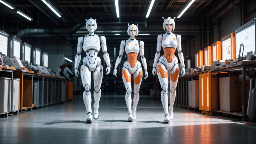 Create a realistic image of several humanoid robots in white and orange colors by manufacturing parts and other robots in a Xiaomi factory futuristic