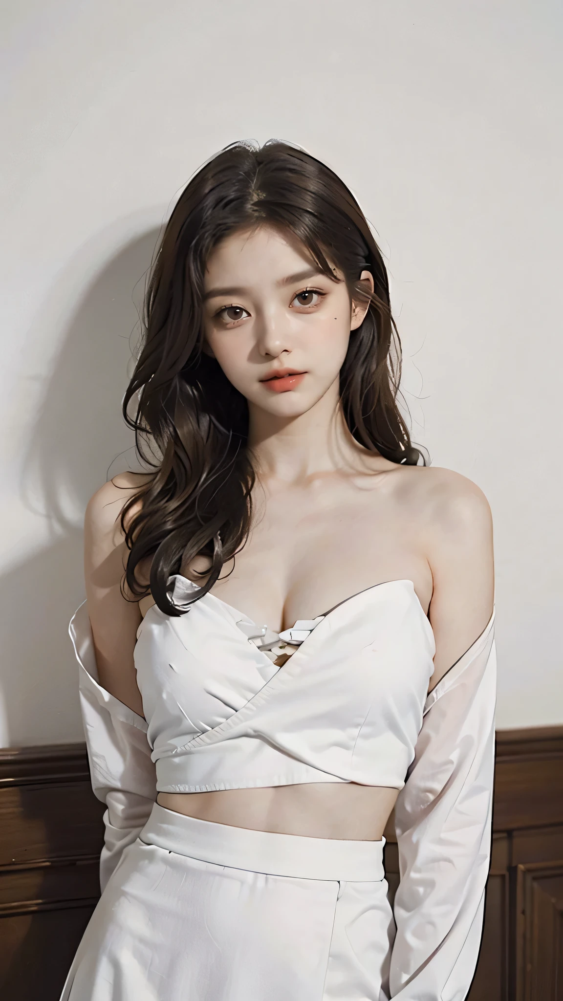 detailed background, masterpiece, best quality, 1 person , curly hair, long hair, purple eyes, star in eye , White Strapless blouse, long skirt