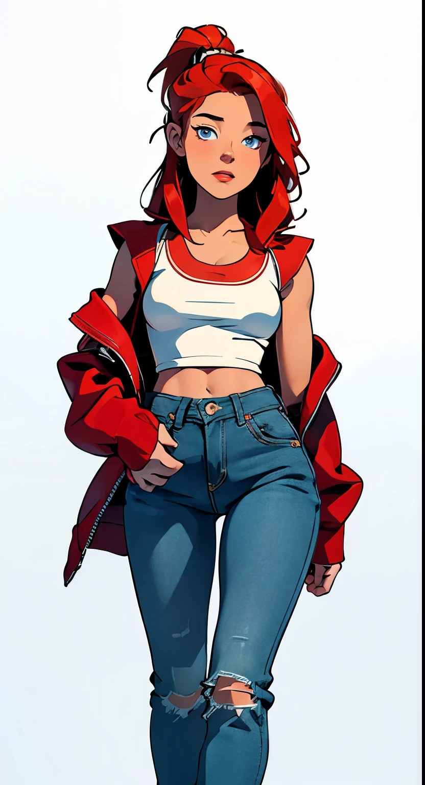 masterpiece, best quality, front view, full body,1girl, the highest image quality, 21-year-old woman, looks like Olivia Dunne, bright red hair, blue eyes, wearing a red leather jacket and black graphic tee and loose jeans, large breasts, White background, empty background, standing normally