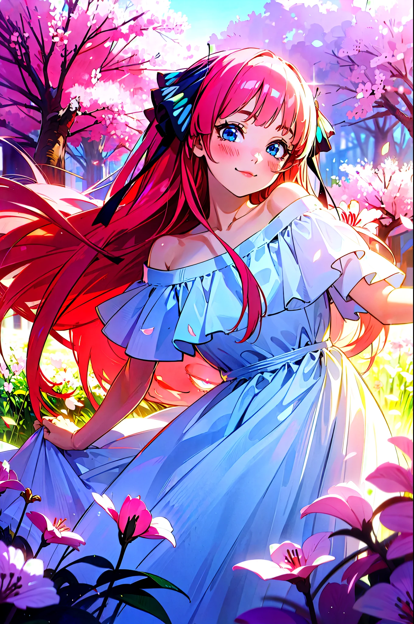 Best quality, masterpiece, ultra high res, (photorealistic:1.4), raw photo, 1girl, white dress, off shoulder, blossom flower field, glowing skin, light smile, nino nakano, pink red long hair, shoulder, blue eyes, hair ribbons