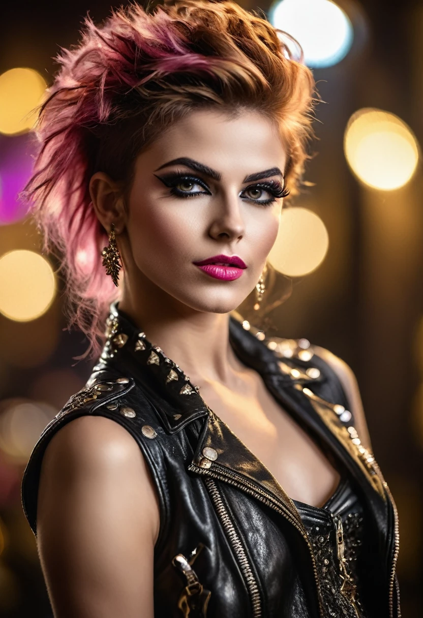 photo shot on Nikon D850, she is a rockstar., in style a glam rock,  detailed face, blushing, teasing, Alluring. highly stylized, depth of field, bokeh effect, backlit, stylish, breathtaking, visually rich, masterpiece, full body shot.