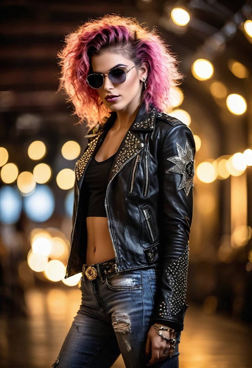 photo shot on Nikon D850, she is a rockstar., in style a glam rock, detailed face, blushing, teasing, Alluring. highly stylized, depth of field, bokeh effect, backlit, stylish, breathtaking, visually rich, masterpiece, full body shot.