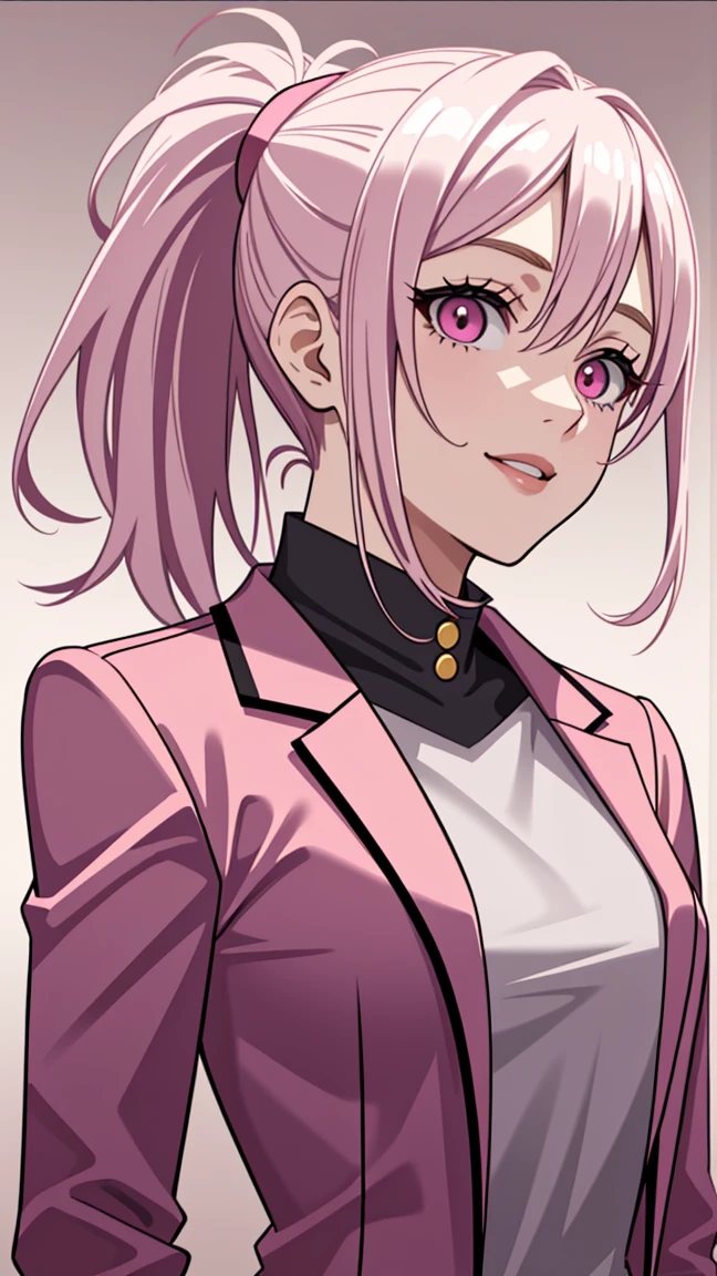 (((Adult woman))), ponytail blonde hair, (pink eyes), pink suit, smile