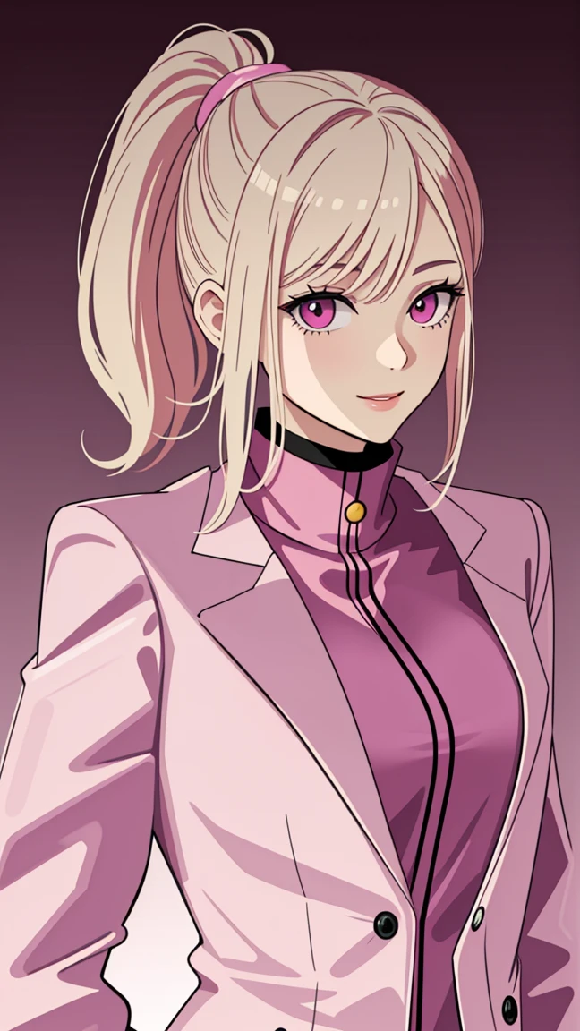 (((Adult woman))), ponytail blonde hair, (pink eyes), pink suit, smile