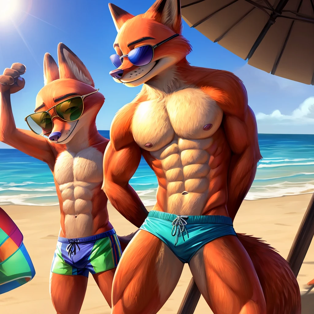 ((sexy nick wilde fox from zootopia)) at the beach with (((abs and greeb swim shorts))) looking hot and sex and wearing (((sunglasses)))