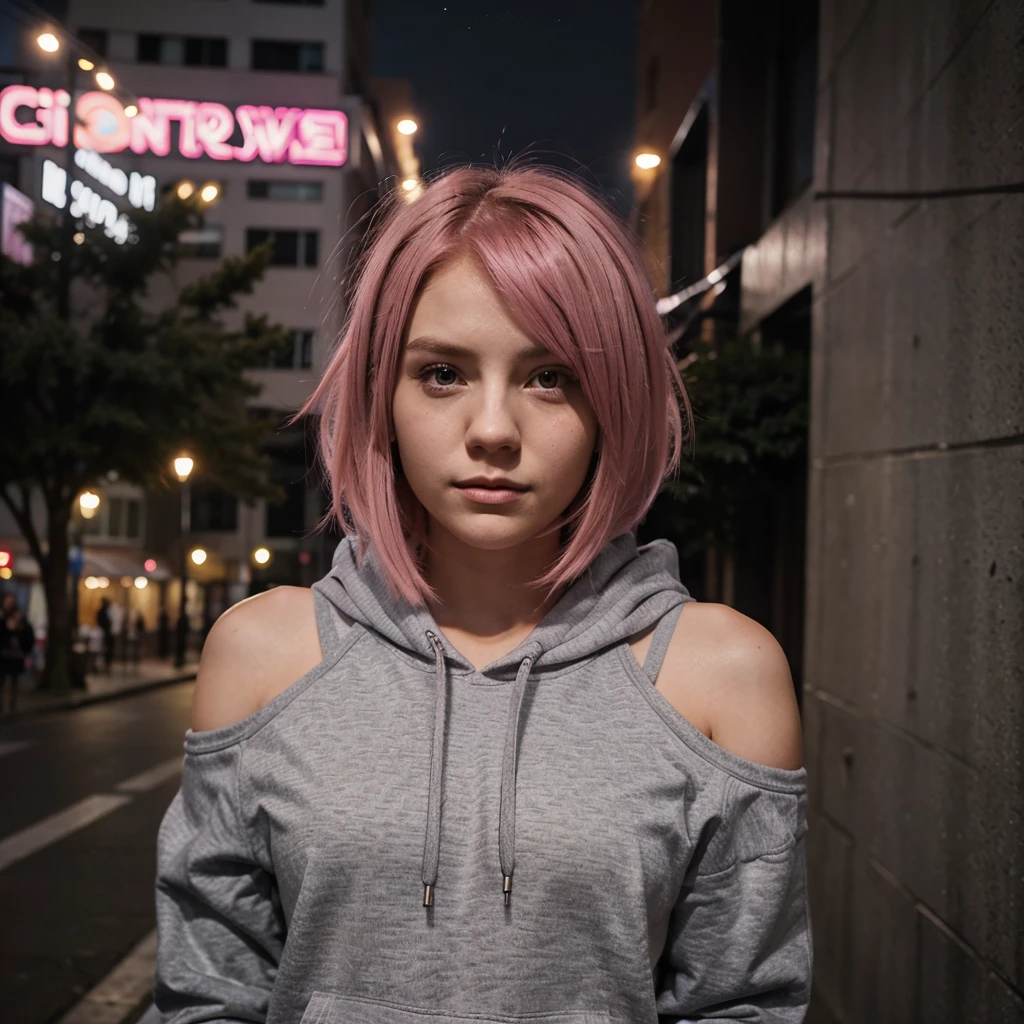 girl 21 years old, short shoulder-length hair, pink hair color, wearing a gray hoodie, taking a selfie, city street in the background, it's night, low lighting