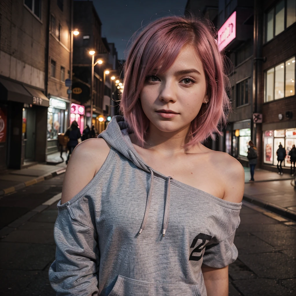 girl 21 years old, short shoulder-length hair, pink hair color, wearing a gray hoodie, taking a selfie, city street in the background, it's night, low lighting