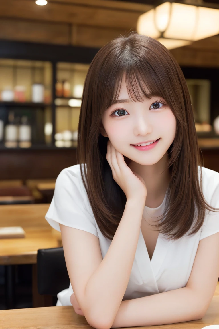 japanese、Highest quality, (beautiful)、Very delicate eyes、Brown eyes、22-year-old female、summer、office、Date、restaurant、Brown Hair、smile、cheeks are slightly plump、(((whole body)))、As if looking up from below、Various poses、、Highly detailed face、Perfect lighting、 (Perfect hands、Perfect Anatomy)、