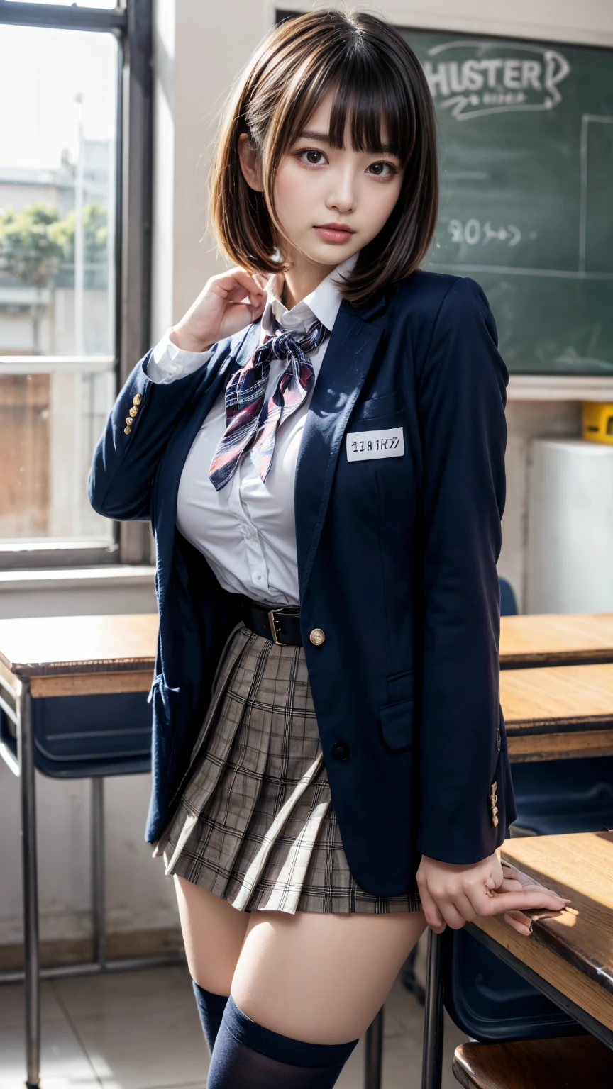 masterpiece, best quality, illustration, Super detailed, fine details, High resolution, 8K,wall paper, perfect dynamic composition,(Details High quality, realistic depiction of eyes:1.3), from side, High School Classroom、High school girl uniform、blazer 、Super Short Check Uniform Skirt、Navy blue high socks、garterbelts、Colossal tits、Disturbed uniform, short bob hair, black hair color, huge breasts, Big Natural Color Lip, bold sexy pose, (perfect body shape), crying a little、Harajuku style、20 year old girl、 beautiful legs, hposing Gravure Idol, Voluptuous thighs