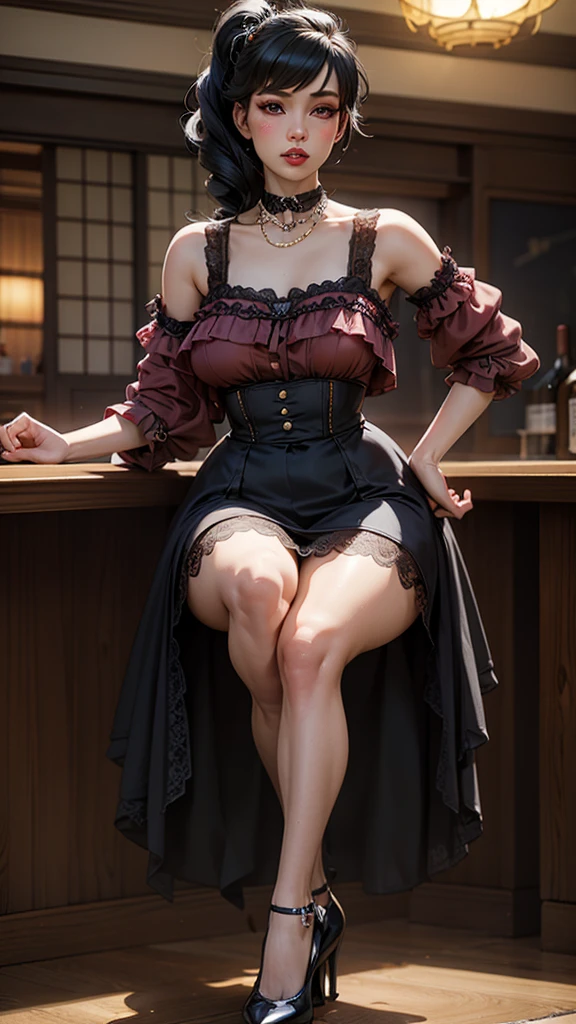 Hyperrealistic photorealistic photography of a Japanese rockabilly woman. Body height 180 centimeters with long legs and feminine curves. Hairstyle is a rockabilly hairstyle. Clothing a pin up pencil petticoat dress and lace stockings and high heels. The model pose is supposed to be that she is sitting on a bar stool in a 1950s bar facing the camera. The scenario of the photography should be the fifties.