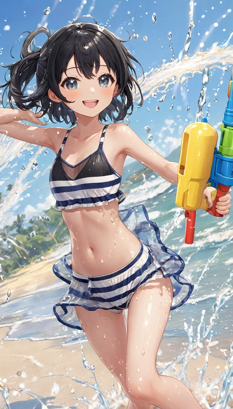 Highest quality、masterpiece、beautiful、detailed、Year: 12、Black hair twin-tailed female elementary school student、beach、Pouring sunlight、Dynamic pose、Spraying water with a water gun、Angle from below、smile、Slim figure、(Wet and see-through clothing:1.2)、covered erectile nipples、camisole、Striped underwear、(cameltoe:0.8)