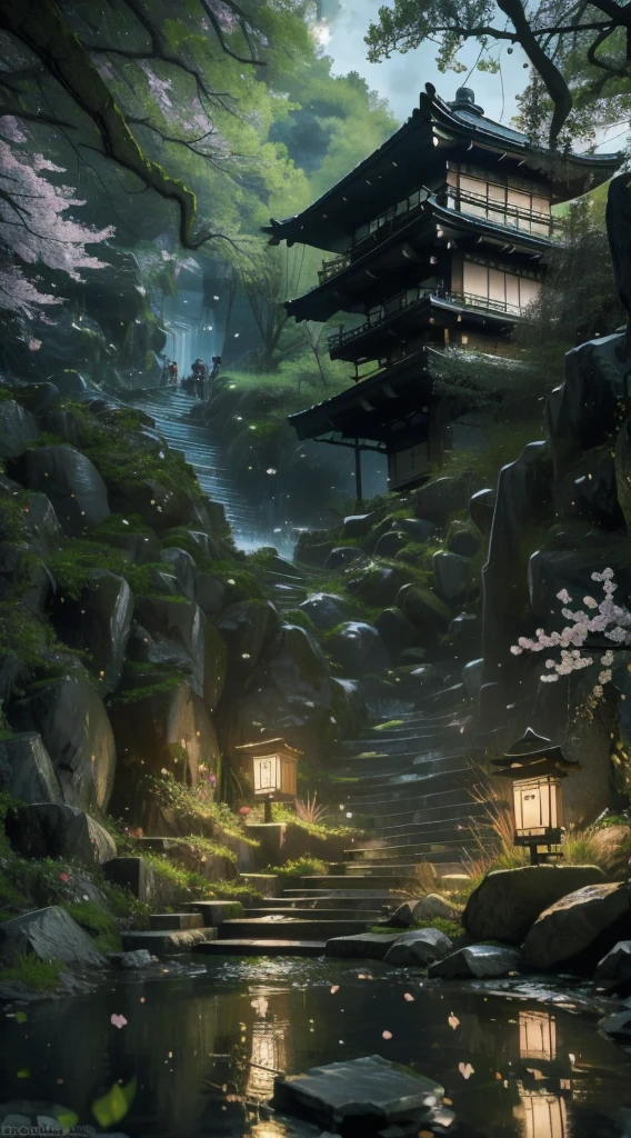 Quiet streets of Kyoto, lush greenery, tranquil pond with carp, traditional Japanese tile-roofed one-story house, winding stone path, cherry blossom trees in bloom, (Best Quality,8k,High Resolution,Masterpiece:1.2),Super Detail, (Realistic,Photorealistic,Photorealistic:1.37),Detailed landscape, natural light, vivid colors, calm atmosphere, complex details) colors, calm atmosphere, intricate details)