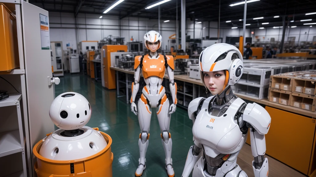 Create a realistic image of several humanoid robots in white and orange colors by manufacturing parts and other robots in a Xiaomi factory Realistic