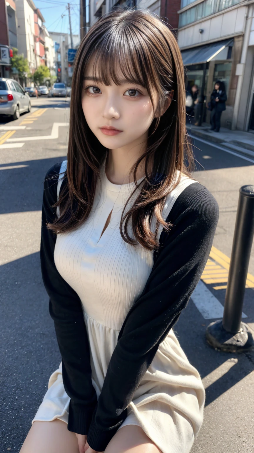 masterpiece, Best Quality, Illustration, Ultra-detailed, finely detail, hight resolution, 8K Wallpaper, Perfect dynamic composition, Beautiful detailed eyes, Tight Mini,Medium Hair,,Natural Color Lip, Randomly sexy poses,Harajuku、20 years girl、Cute、Sexy shot looking at camera,Cute long-sleeved dress,Slender face,Slender body,Background blur