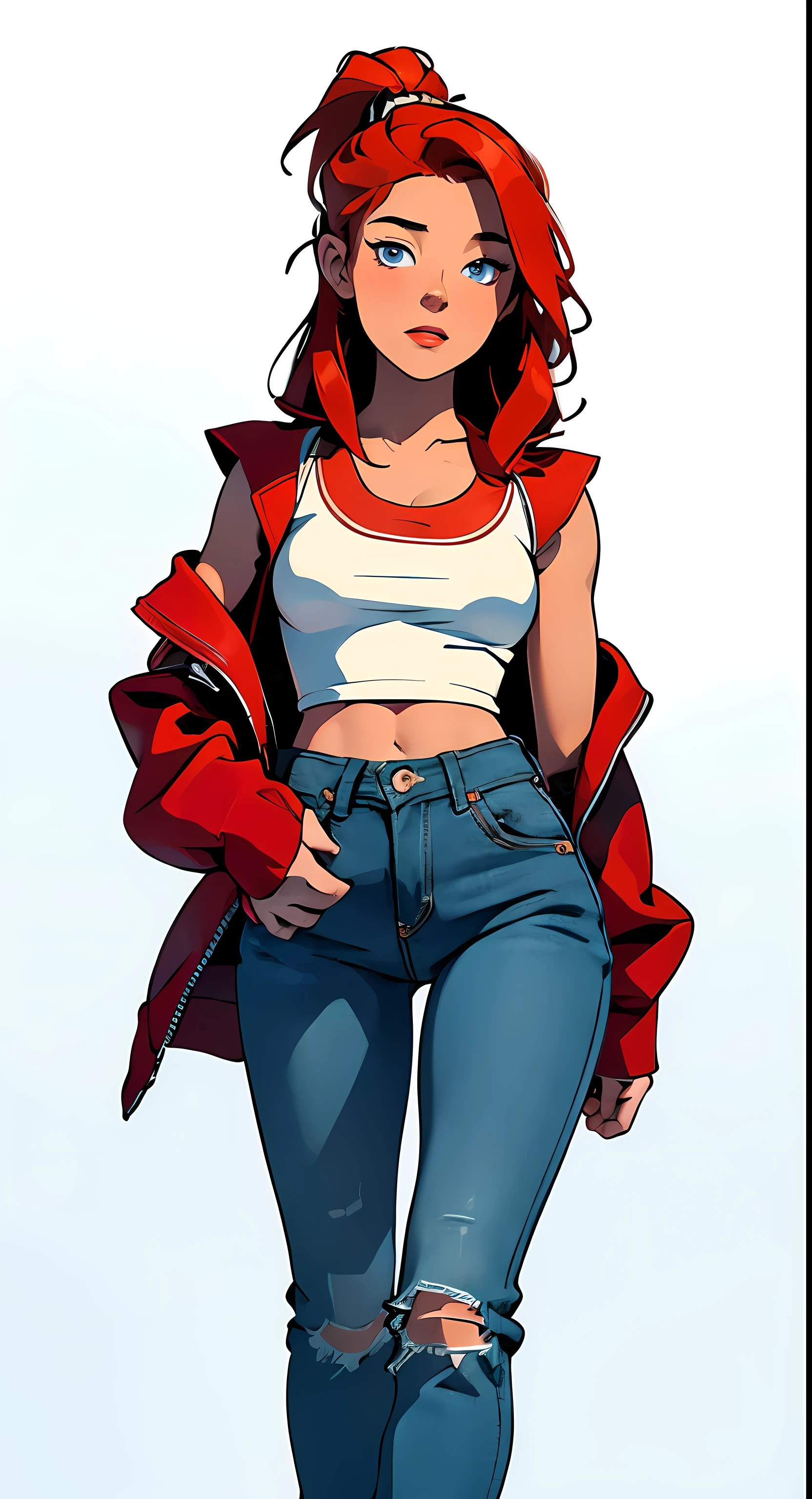 masterpiece, best quality, front view, full body,1girl, the highest image quality, 21-year-old woman, looks like Olivia Dunne, bright red hair, blue eyes, wearing a red leather jacket and black graphic tee and loose jeans, large breasts, White background, empty background, standing normally
