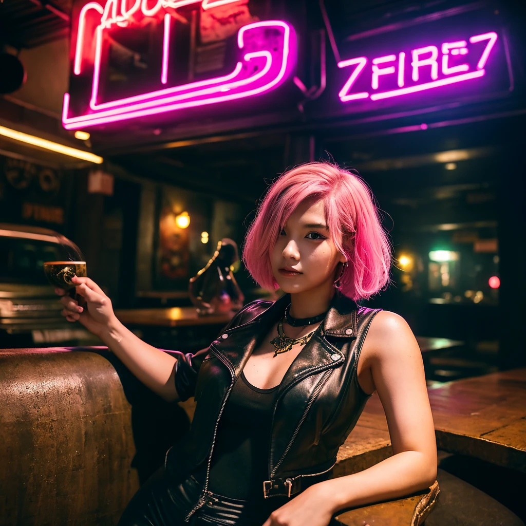 girl 21 years old, short shoulder-length hair, pink hair color, wearing only a black leather jacket, black leggings, posing like a model, the surroundings are a dark pub, a cyberpunk 2077 style pub, a lot of neon lights, artificial smoke, poor lighting, professional photo session