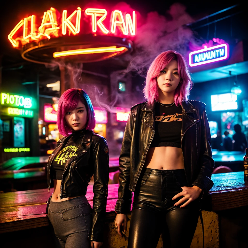 girl 21 years old, short shoulder-length hair, pink hair color, wearing only a black leather jacket, black leggings, posing like a model, the surroundings are a dark pub, a cyberpunk 2077 style pub, a lot of neon lights, artificial smoke, poor lighting, professional photo session