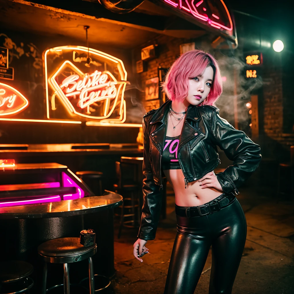 girl 21 years old, short shoulder-length hair, pink hair color, wearing only a black leather jacket, black leggings, posing like a model, the surroundings are a dark pub, a cyberpunk 2077 style pub, a lot of neon lights, artificial smoke, poor lighting, professional photo session