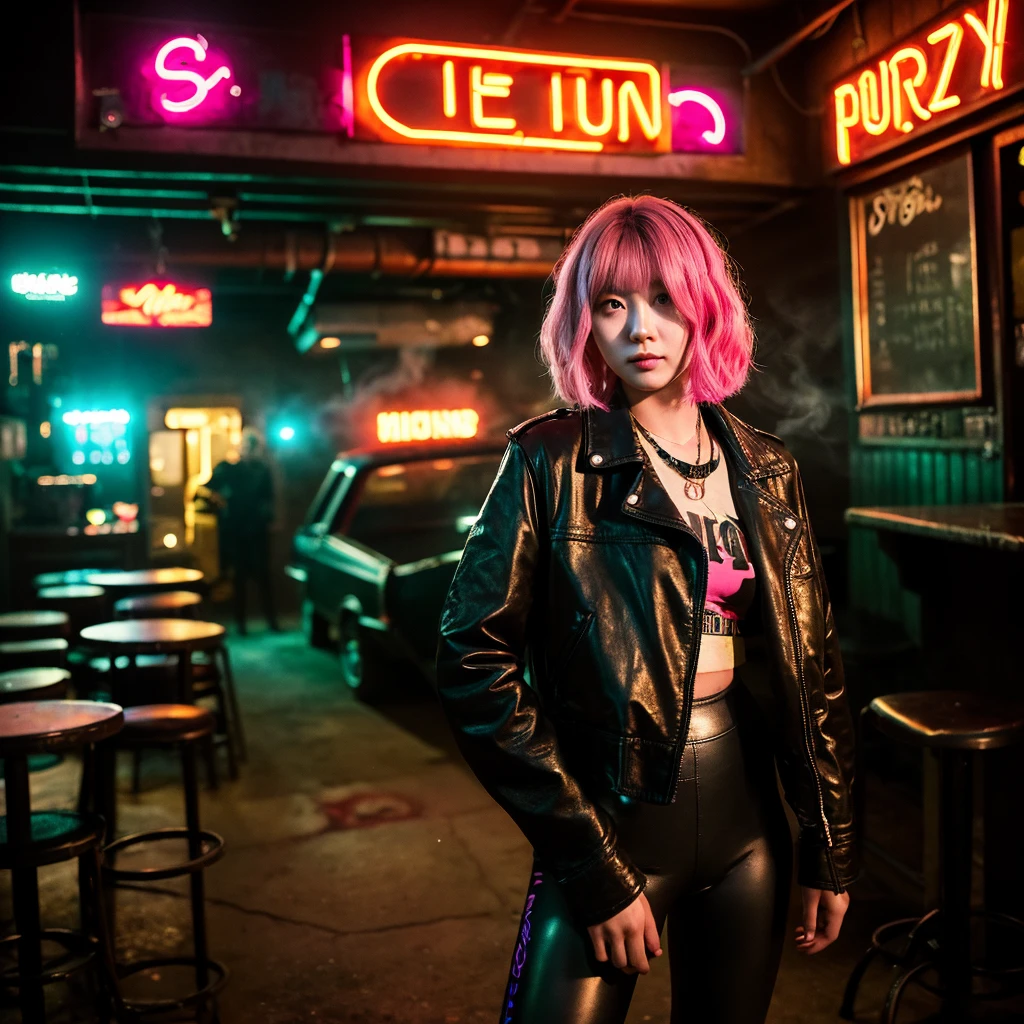 girl 21 years old, short shoulder-length hair, pink hair color, wearing only a black leather jacket, black leggings, posing like a model, the surroundings are a dark pub, a cyberpunk 2077 style pub, a lot of neon lights, artificial smoke, poor lighting, professional photo session