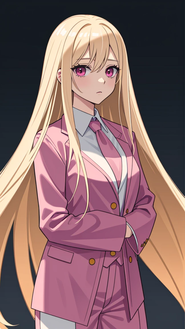 (((Adult woman))), long blonde hair, (pink eyes), pink suit