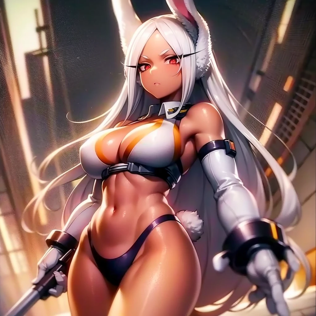 1 dark skinned girl, futuristic mech pilot, topless, no panties, huge breasts, mech pilot base, very fit, humanoid mecha in background, very sweaty, small waist with big bubble butt, smiling for a photo, cameltoe pussy, very long pigtails, white hair, spreading ass with no panties, zoom in on ass, ass fills frame
