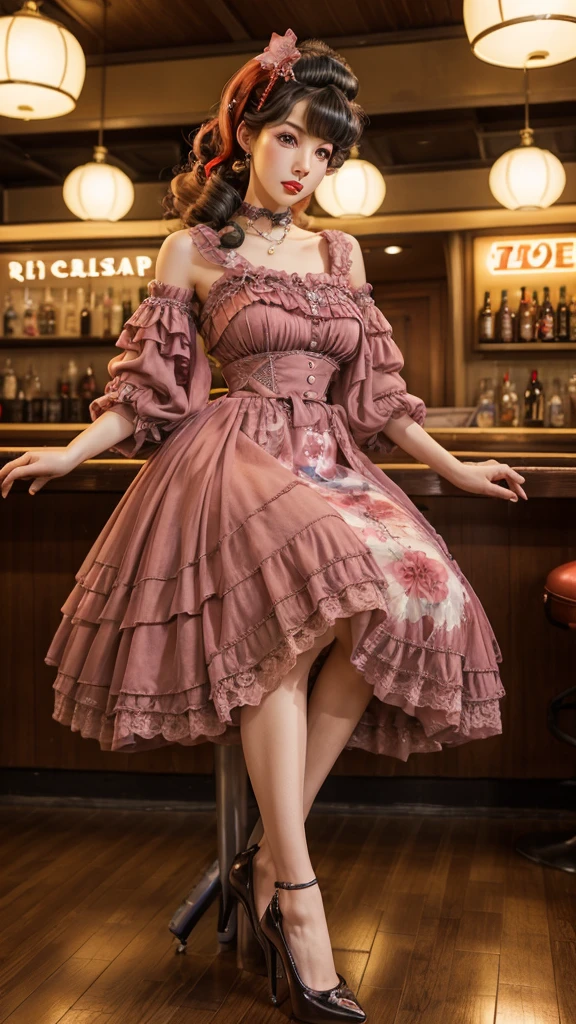 Hyperrealistic photorealistic photography of a Japanese rockabilly woman. Body height 180 centimeters with long legs and feminine curves. Hairstyle is a rockabilly hairstyle. Clothing a pin up pencil petticoat dress and lace stockings and high heels. The model pose is supposed to be that she is sitting on a bar stool in a 1950s bar facing the camera. The scenario of the photography should be the fifties.