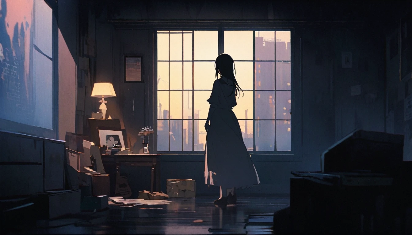 An anime girl standing alone in a dimly lit room, with a melancholic expression on her face. She is holding a photograph of someone she once admired, symbolizing her lost dreams and broken expectations. The background features a large window with city lights glowing faintly outside, casting a soft, somber glow into the room. Around her, there are scattered memories: old letters, a guitar, and a few personal items that hint at her past hopes and dreams. The atmosphere is filled with a sense of nostalgia and introspection, capturing the struggle of moving on from someone who failed to be the hero she envisioned. The lighting highlights her reflective mood, with shadows accentuating the depth of her emotions. The overall scene conveys a poignant mix of regret, realization, and the quiet strength needed to let go and move forward.