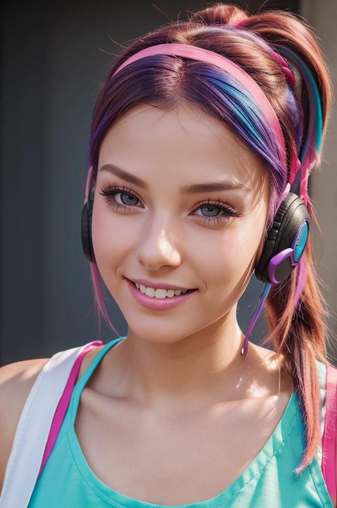 A multicolored haired girl with a short ponytail, wearing a headband and headphones, with multicolored eyes, heart earrings, and a light smile, hyperrealistic, close-up eye-level shot, masterpiece, super detailed, 8k