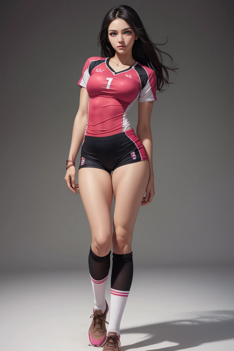 Masterpiece, high resolution, 4k, (perfect anatomy:1.5), perfect long legs, perfect arms, volleyball girl, volleyball suit, tight shorts, slim build, medium breasts, Beautiful face, pink cheeks, long black hair, Brown eyes, ribbons and bows in hair, pose sexy, socks, sexy body