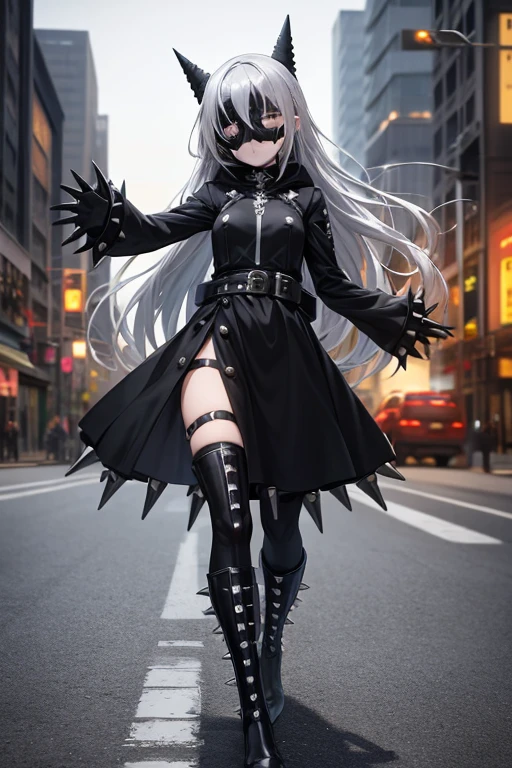 ((best quality)), ((masterpiece)), (detailed), 1 girl, Full body, 18 years old, Depressed face, Silver eyes, Arms outstretched, Arms behind waist, Metal mask covering her eyes, Eyes covered, Silver hair, Long hair, Spiky hair, Bangs, Strand of hair covering her eye, Full body, Tall, Small breasts, Slim body, Grey hood, Metal spikes, Grey wrist guards, Long black gloves with spikes, Grey gothic outfit, Gothic lolita, Grey dress with metal spikes, Metal emblem, Tight fit, Black belt, Black stockings, Black boots, Walking through the city, Metal spikes coming out of the highway, City background, Grey clothes, Superhero, Anime, Plush rabbit in her arms