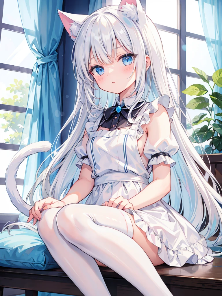 White hair, long, light blue eyes, cat ears, maid outfit, sitting