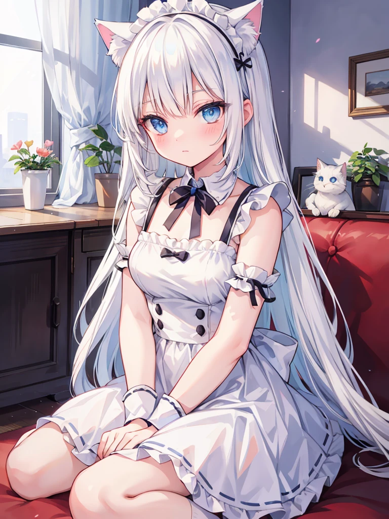 White hair, long, light blue eyes, cat ears, maid outfit, sitting