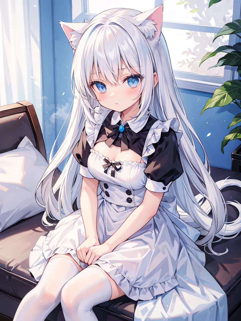 White hair, long, light blue eyes, cat ears, maid outfit, sitting
