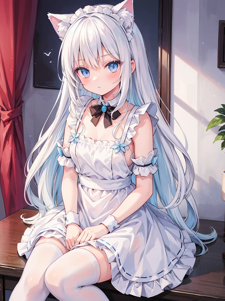 White hair, long, light blue eyes, cat ears, maid outfit, sitting