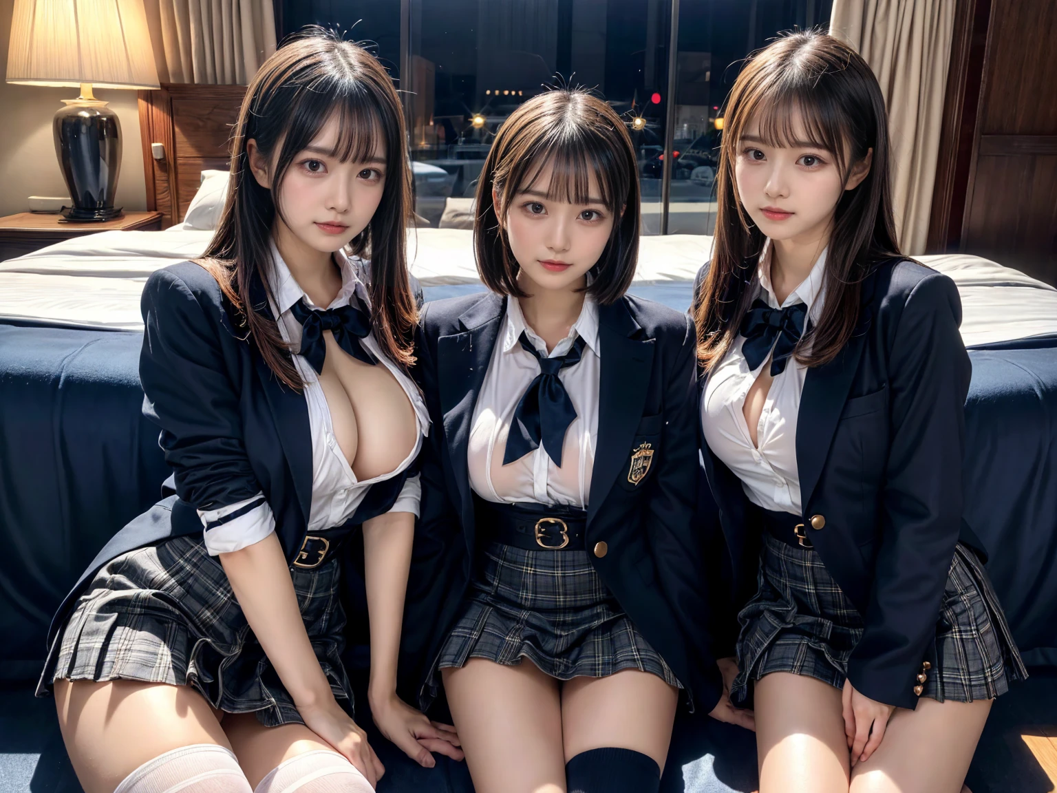 (8K, Raw photography, top-quality, masterpiece:1.2), master piece, best quality, illustration, Super detailed, fine details, High resolution, 8K,wall paper, perfect dynamic composition,(Details High quality, realistic depiction of eyes:1.3), ((2 girls, 2 schoolgirls)), The background is a luxury hotel room、High school girl uniform、blazer 、Super Short Check Uniform Skirt、Navy blue high socks、garterbelts、Colossal tits、Disturbed uniform, Play with each other,Touching each other's bodies,Touching the body of the girl next door, short bob hair, black hair color, huge breasts, Big Natural Color Lip, bold sexy pose, (perfect body shape), crying a little、cold gaze, Beautiful makeup,glitter makeup,Cutest 18 years old, beautiful legs, hposing Gravure Idol, Voluptuous thighs