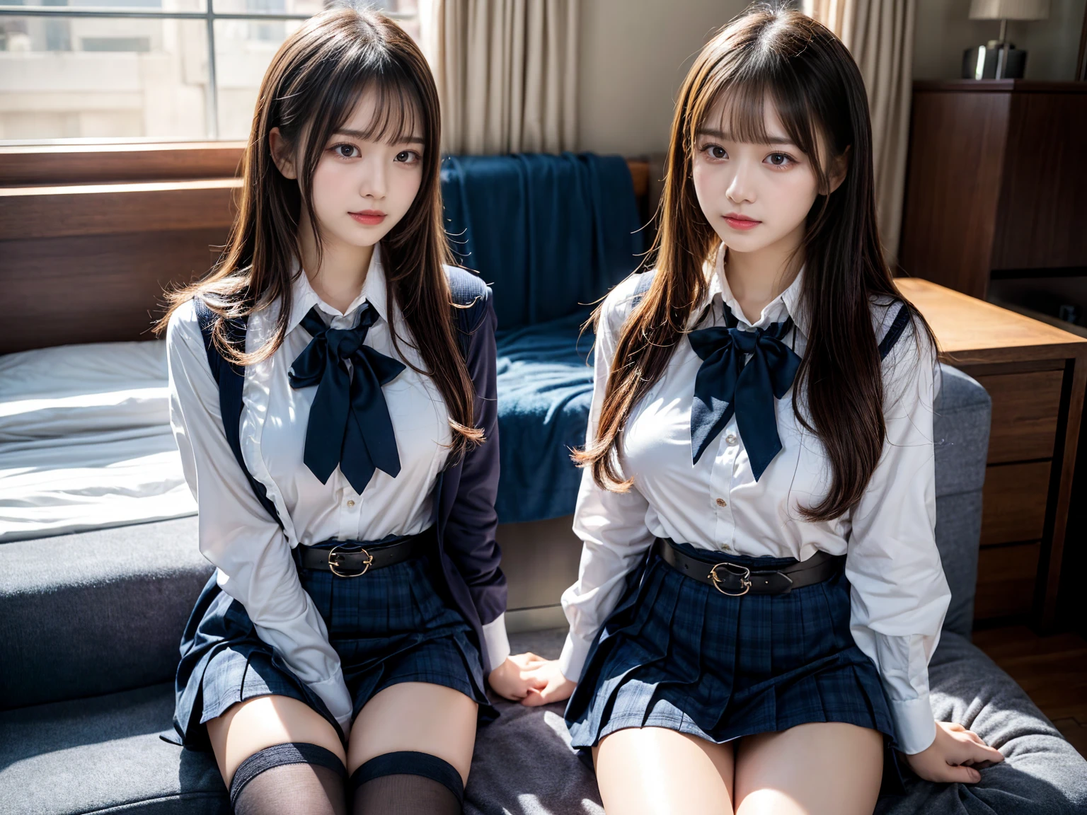 (8K, Raw photography, top-quality, ​masterpiece:1.2), master piece, best quality, illustration, Super detailed, fine details, High resolution, 8K,wall paper, perfect dynamic composition,(Details High quality, realistic depiction of eyes:1.3), ((2 girls, 2 schoolgirls)), The background is a luxury hotel room、High school girl uniform、blazer 、Super Short Check Uniform Skirt、Navy blue high socks、garterbelts、Colossal tits、Disturbed uniform, Play with each other,Touching each other's bodies,Touching the body of the girl next door, short bob hair, black hair color, huge breasts, Big Natural Color Lip, bold sexy pose, (perfect body shape), crying a little、cold gaze,  Beautiful makeup,glitter makeup,Cutest 18 years old, beautiful legs, hposing Gravure Idol, Voluptuous thighs
