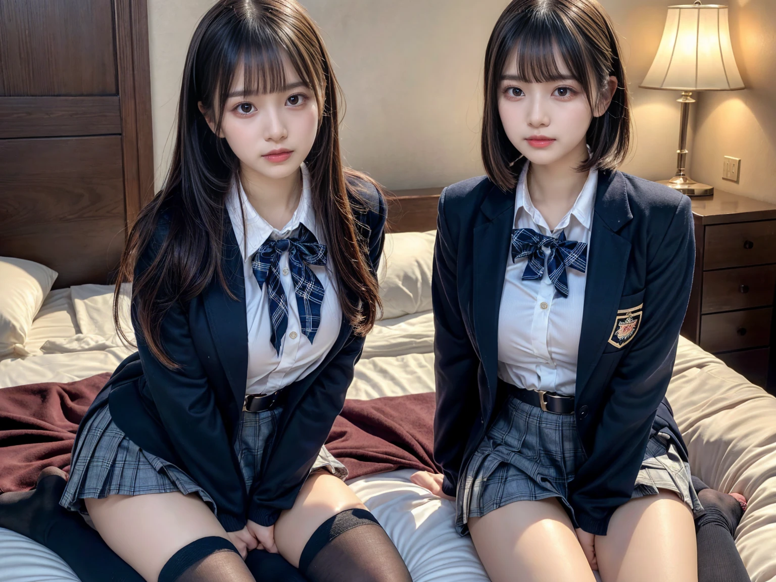 (8K, Raw photography, top-quality, ​masterpiece:1.2), master piece, best quality, illustration, Super detailed, fine details, High resolution, 8K,wall paper, perfect dynamic composition,(Details High quality, realistic depiction of eyes:1.3), ((2 girls, 2 schoolgirls)), The background is a luxury hotel room、High school girl uniform、blazer 、Super Short Check Uniform Skirt、Navy blue high socks、garterbelts、Colossal tits、Disturbed uniform, Play with each other,Touching each other's bodies,Touching the body of the girl next door, short bob hair, black hair color, huge breasts, Big Natural Color Lip, bold sexy pose, (perfect body shape), crying a little、cold gaze,  Beautiful makeup,glitter makeup,Cutest 18 years old, beautiful legs, hposing Gravure Idol, Voluptuous thighs