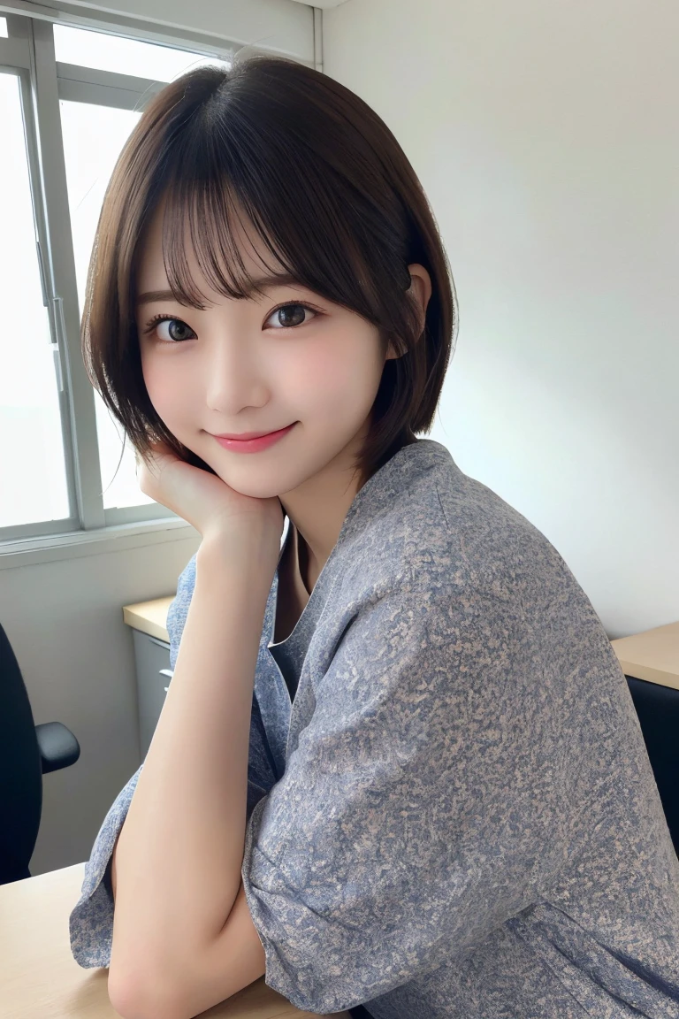 japanese、Highest quality, (beautiful)、Very delicate eyes、Brown eyes、22-year-old female、summer、office、Date、short hair、smile、cheeks are slightly plump、(((whole body)))、As if looking up from below、Various poses、、Highly detailed face、Perfect lighting、 (Perfect hands、Perfect Anatomy)、