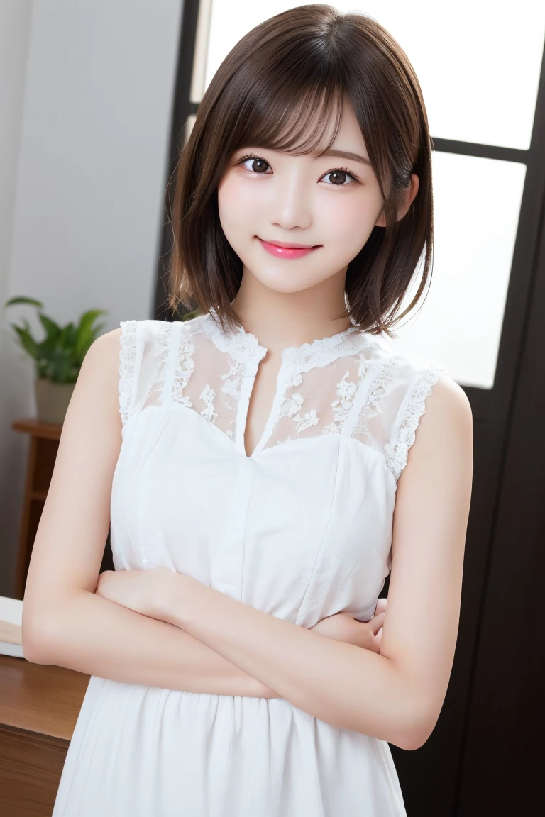 japanese、Highest quality, (beautiful)、Very delicate eyes、Brown eyes、22-year-old female、summer、office、Date、short hair、smile、cheeks are slightly plump、(((whole body)))、As if looking up from below、Various poses、、Highly detailed face、Perfect lighting、 (Perfect hands、Perfect Anatomy)、