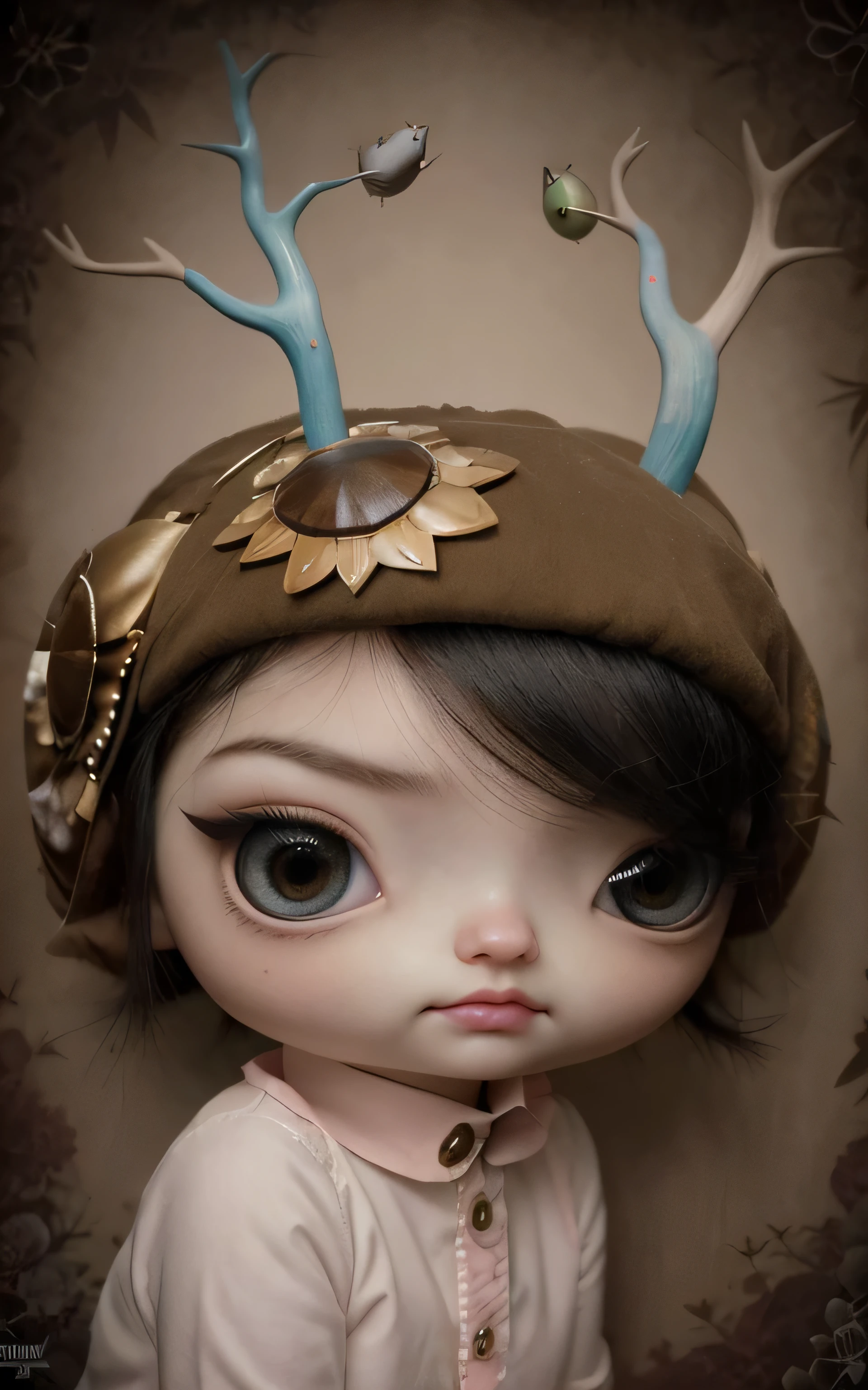 Painting of a girl with deer antlers on her head, Estilo Mark Ryden, Mark Ryden muy detallado, Estilo de Mark Ryden, Naoto Hattori, Surrealismo pop lowbrow, Mark Ryden en el estilo de, benjamin lacombe, Earley, Surrealismo pop Lowbrow Art Style, Arte lowbrow, por Mark Ryden, cute and beautiful, wearing cap, more details, amazing, colorful, with animals, with cute cat, with birds, holding a lollipop