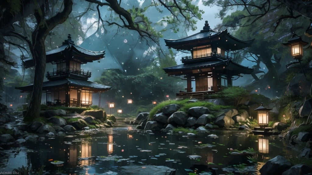 Quiet streets of Kyoto, lush greenery, tranquil pond with carp, traditional Japanese tile-roofed one-story house, winding stone path, cherry blossom trees in bloom, (Best Quality,8k,High Resolution,Masterpiece:1.2),Super Detail, (Realistic,Photorealistic,Photorealistic:1.37),Detailed landscape, natural light, vivid colors, calm atmosphere, complex details) colors, calm atmosphere, intricate details)