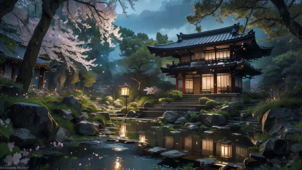 Quiet streets of Kyoto, lush greenery, tranquil pond with carp, traditional Japanese tile-roofed one-story house, winding stone path, cherry blossom trees in bloom, (Best Quality,8k,High Resolution,Masterpiece:1.2),Super Detail, (Realistic,Photorealistic,Photorealistic:1.37),Detailed landscape, natural light, vivid colors, calm atmosphere, complex details) colors, calm atmosphere, intricate details)
