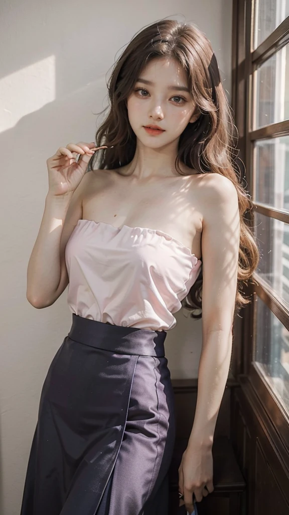 detailed background, masterpiece, best quality, 1 person , curly hair, long hair, purple eyes, star in eye , pink Strapless blouse, long skirt