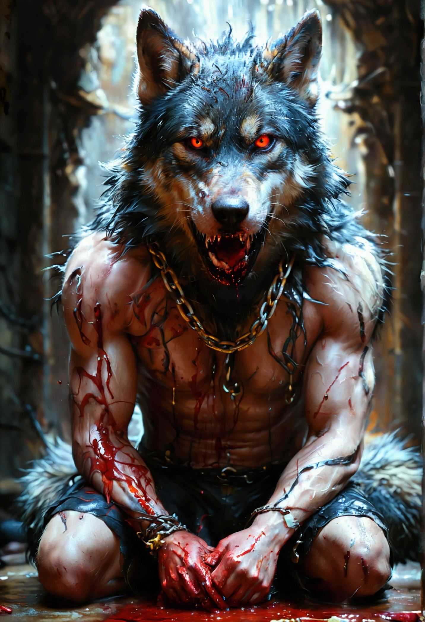 guro, gore,blood splash, blood dripping, wolf, 1boy, solo, colored sclera, golden eyes, black beard, gray fur, full body, anthro, (frown:1.2), (pain:1.3), (clenched teeth with drooling:1.3), (one eye closed:1.5), from above, kneeling,correct anatomy, correct hands, ((hands behind back)), (looking upwards:1.5), (tightly bound by chain:1.4), male, muscular, muscular anthro,abs injured, red blood,red liquid dripping,bleeding cut, injured,((abs bleeding)), (sweat:1.4), muscular male, aged up, hi res, (black bottomwear:1.2), 8k hd, extreme detail, detailed background, wet,dark dungeon,blood pool, by Pino Daeni, (by ruaidri), by virtyalfobo
