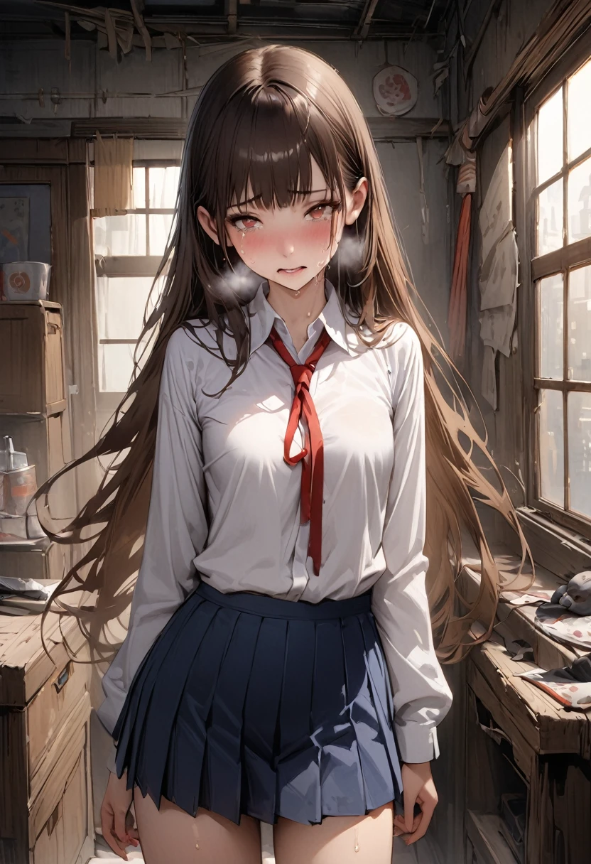 ((masterpiece,Highest quality:1.3,best quality illustration)),(realistic:1.3),cowboy shot,独奏,1woman,(18-year-old、Japanese Beauty)、brown hair,long hair,bangs,brown eyes,gorgeous eyes,(very small head:1.3),tears,Heavy breathing,(very long body:1.2,skinny),medium breasts,((Red ribbon tie、White collared shirt、Long sleeve、Navy blue pleated mini skirt)),barefoot、Wet crotch、sweat,gleaming skin,toned body,slender body,lying,A messy bed、bedroom in the abandoned house、at night、World of Blade Runner、
