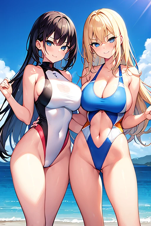 2girls, very short hair, spiked hair, long hair, wavy hair, smile, smirk, smug, parted lips, shy, wavy mouth, timid, white one-piece swinsuit, competition swimsuit, one-piece swimsuit, hourglass figure, blonde hair, blue eyes, huge breasts, mature female, thick thighs, pool, bare legs, 