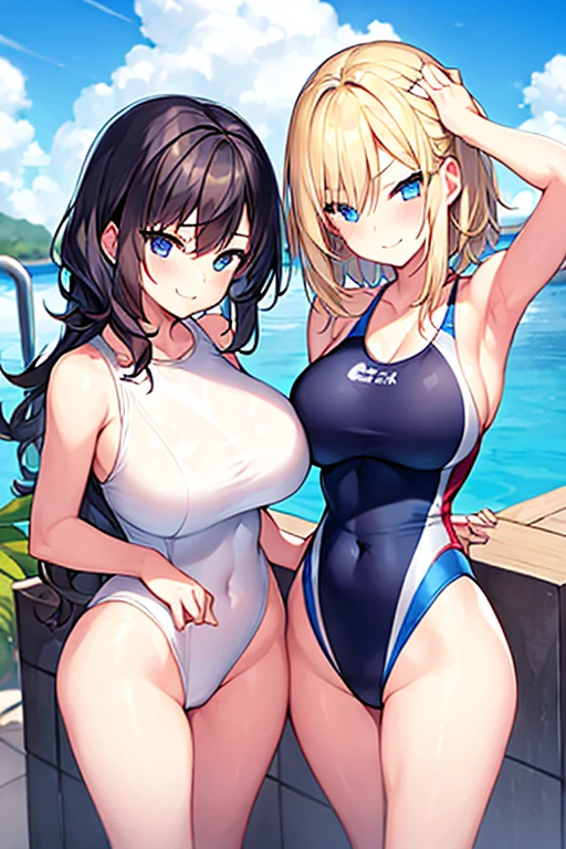 2girls, very short hair, spiked hair, long hair, wavy hair, smile, smirk, smug, parted lips, shy, wavy mouth, timid, white one-piece swinsuit, competition swimsuit, one-piece swimsuit, hourglass figure, blonde hair, blue eyes, huge breasts, mature female, thick thighs, pool, bare legs,
