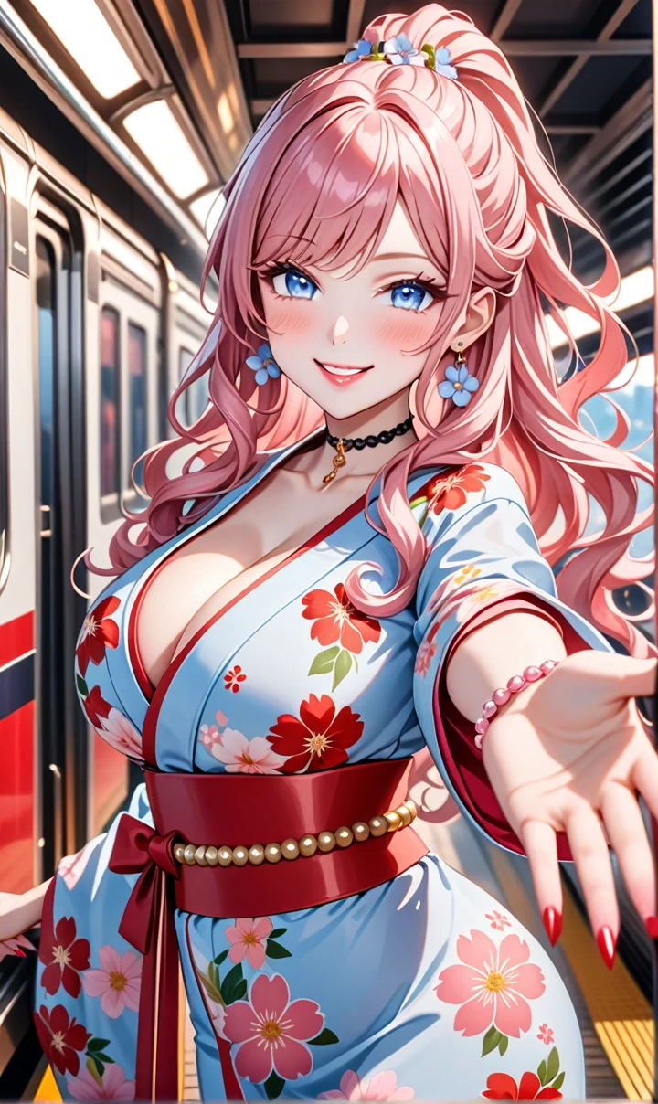 ultra-detailed, ((one girl)), (pale skin:1.4), in pastel colors gyaru, (heavy makeup), (professional lighting) hyper detailed, absurdres, 8K, Beautiful Face, (Laugh shyly), ((teasing smile:1.8)), ((Wink:1.7)), one eye closed, (Laugh with your mouth wide open),((Tilt your face:1.6)), View your viewers, ((Bright red cheeks:1.6)),Glossy Red Lips, ((Big Breasts:1.5)), ((undressing:1.2)), noon, Getting off the train , ((Anime style background)),masterpiece, Highest quality, so beautiful,Latest, Complex details, (Pink long nails), (nail art), (ring),(bracelet), (Floral Choker),AI-generated, Complex,High resolution, Highest quality, super high quality,3D Images、3D Images,One person,Pastel pink long hair,(High Ponytail), (wavy hair:1.3), Pastel anime woman posing for a photo, ((Fine grain、blue eyes、glowing eyes:1.4)), (Squint your eyes:1.1),a hyperRealistic , hyperRealistic , Realistic,Anime woman with long pastel pink hair, Smooth anime CG art, A girl in a gorgeous pastel-colored kimono, ((Pastel-colored furisode)),(Pink large floral pattern), Long flower hair ornament,Floral Earrings,Mature Body, tall,Narrow waist,((Reaching out:1.6)),