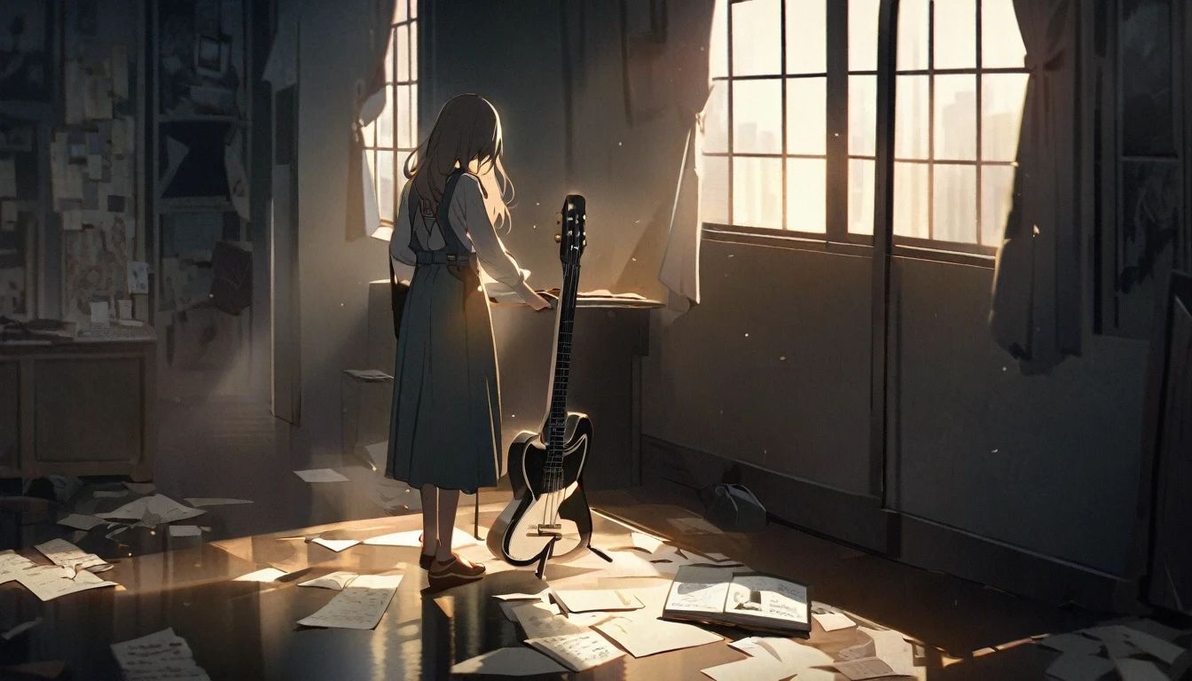 An anime girl standing alone in a dimly lit room, with a melancholic expression on her face. She is holding a photograph of someone she once admired, symbolizing her lost dreams and broken expectations. The background features a large window with city lights glowing faintly outside, casting a soft, somber glow into the room. Around her, there are scattered memories: old letters, a guitar, and a few personal items that hint at her past hopes and dreams. The atmosphere is filled with a sense of nostalgia and introspection, capturing the struggle of moving on from someone who failed to be the hero she envisioned. The lighting highlights her reflective mood, with shadows accentuating the depth of her emotions. The overall scene conveys a poignant mix of regret, realization, and the quiet strength needed to let go and move forward.