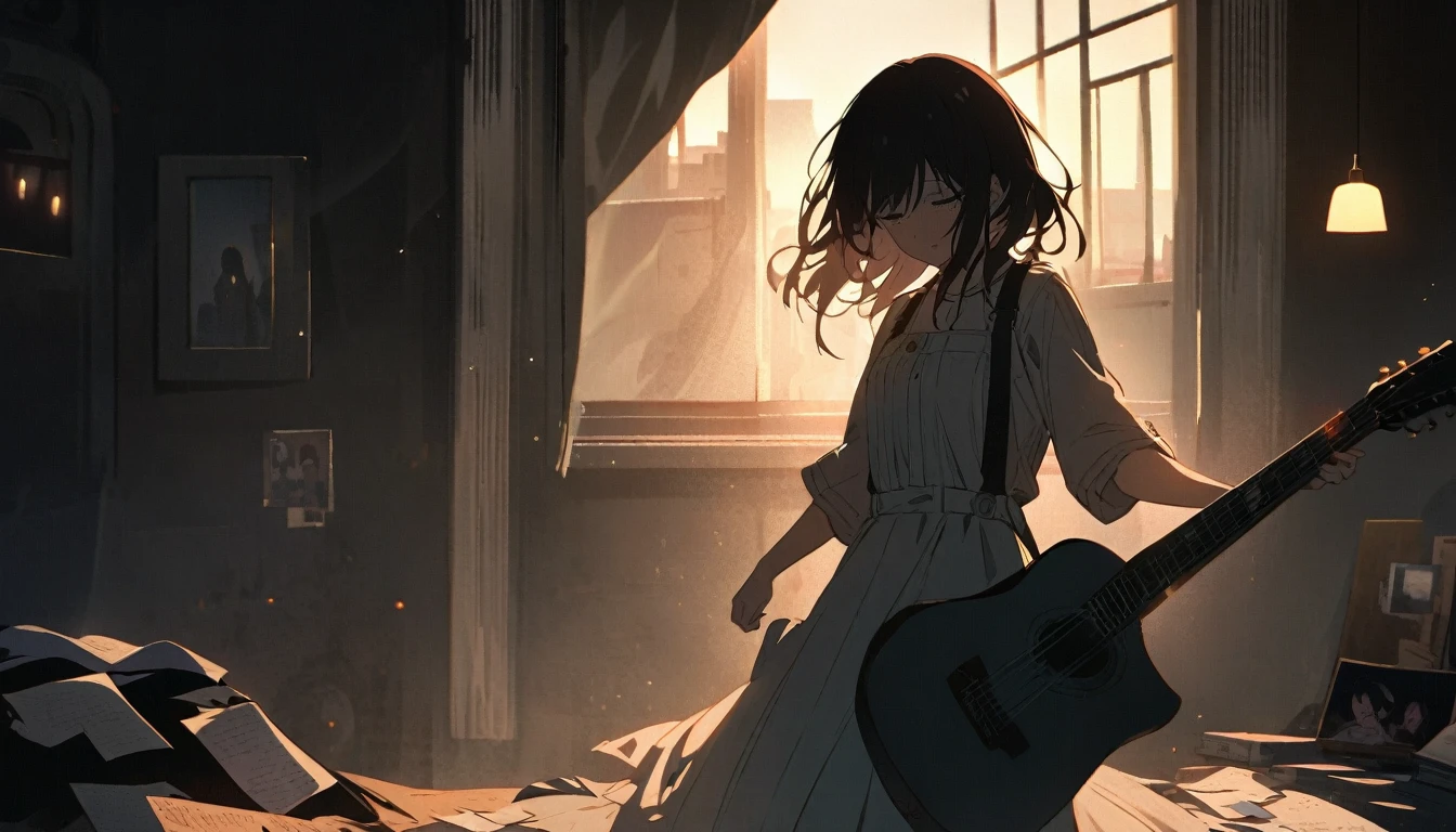 An anime girl standing alone in a dimly lit room, with a melancholic expression on her face. She is holding a photograph of someone she once admired, symbolizing her lost dreams and broken expectations. The background features a large window with city lights glowing faintly outside, casting a soft, somber glow into the room. Around her, there are scattered memories: old letters, a guitar, and a few personal items that hint at her past hopes and dreams. The atmosphere is filled with a sense of nostalgia and introspection, capturing the struggle of moving on from someone who failed to be the hero she envisioned. The lighting highlights her reflective mood, with shadows accentuating the depth of her emotions. The overall scene conveys a poignant mix of regret, realization, and the quiet strength needed to let go and move forward.